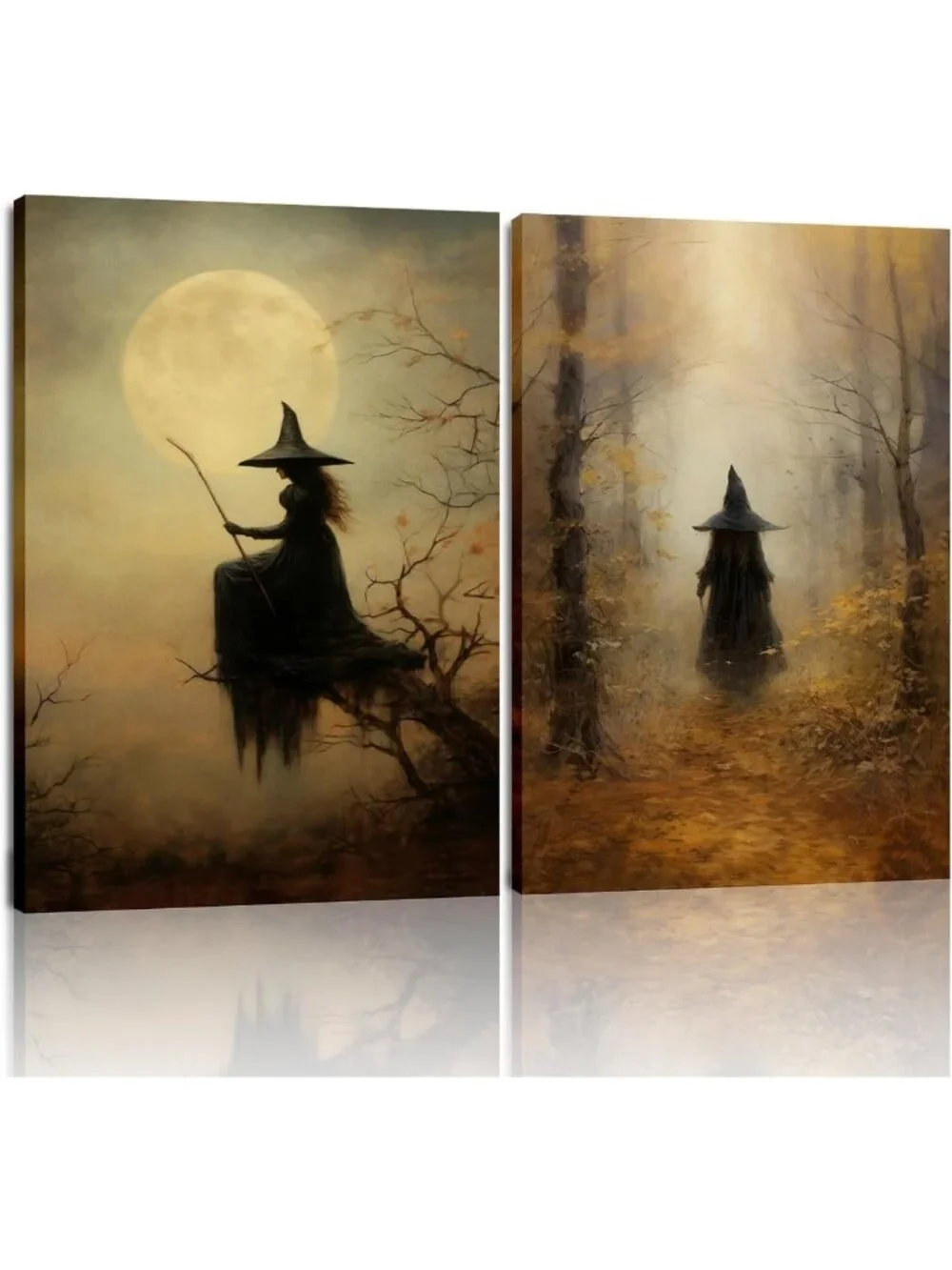 Vintage Witch Canvas Wall Art Set - Gothic Halloween Decor, Creepy Rustic Prints